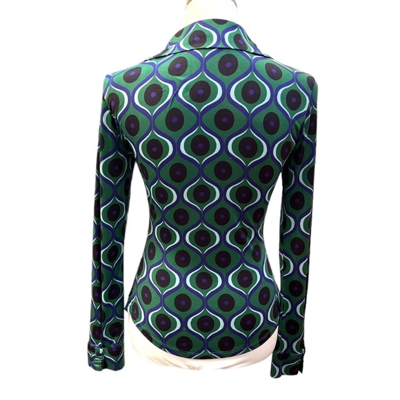 Zara Pattern Button Down Shirt Green Blue Black Size Small - Picture 2 of 6